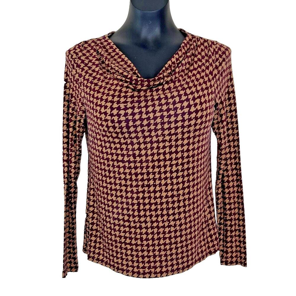 Ann Taylor - Women's S Blouse Houndstooth Print Cranberry Red Gold Cowl Neck